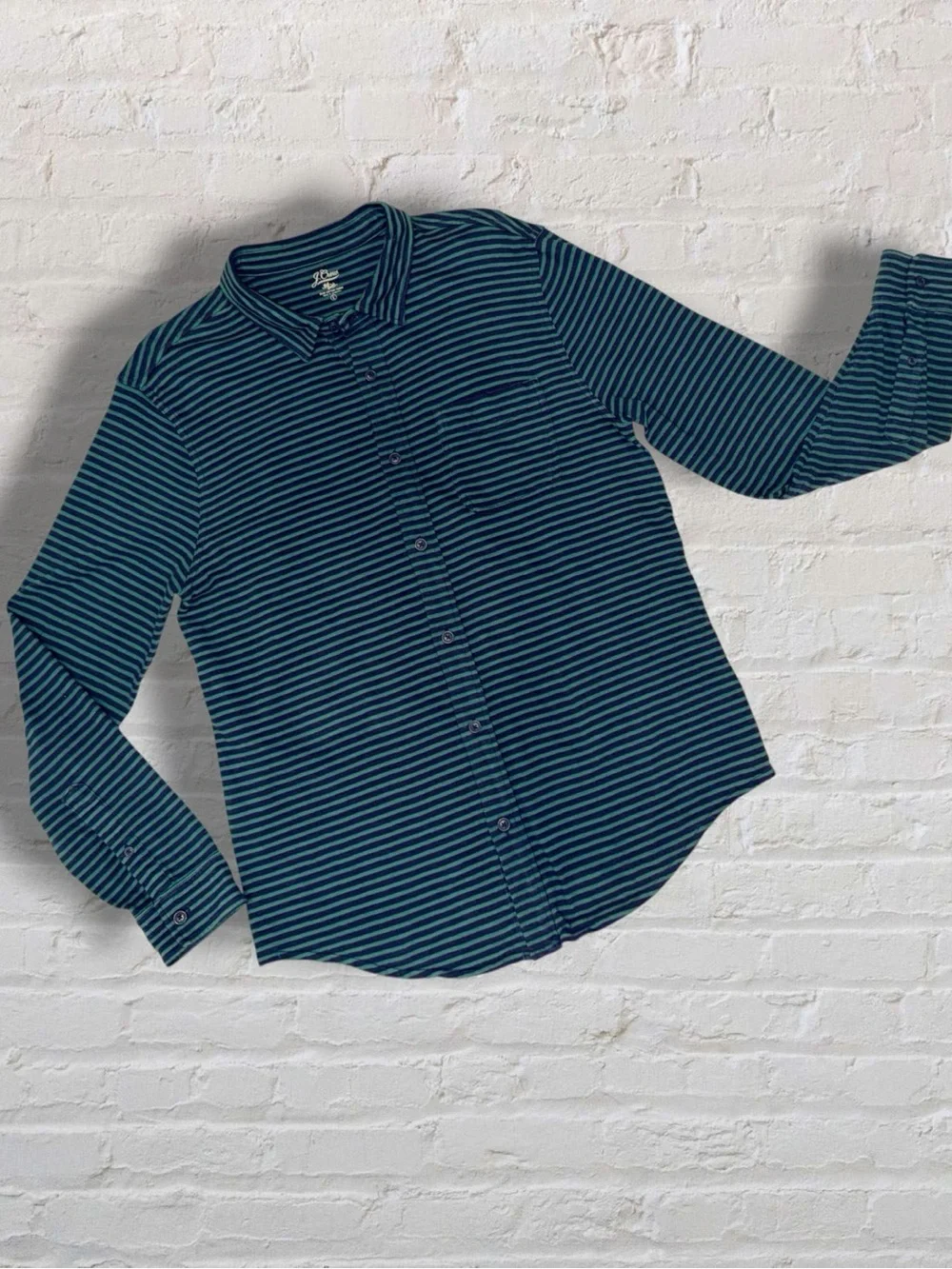 J.Crew Slub Cotton Stripe Button Front Shirt Men’s Large Blue Green Long Sleeve